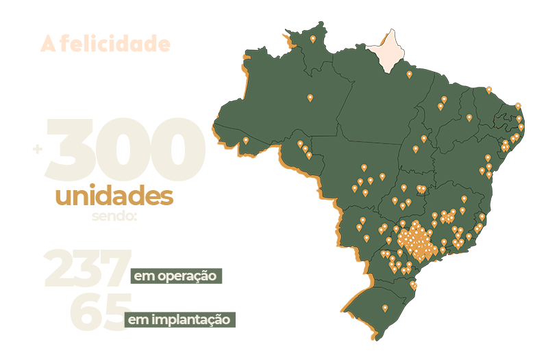 Mapa de unidades Gelato Borelli - +300 unidades sendo 237 em operação e 65 em implantação
